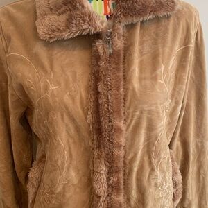Embroidered Carmel Colour Jacket with Faux Fur